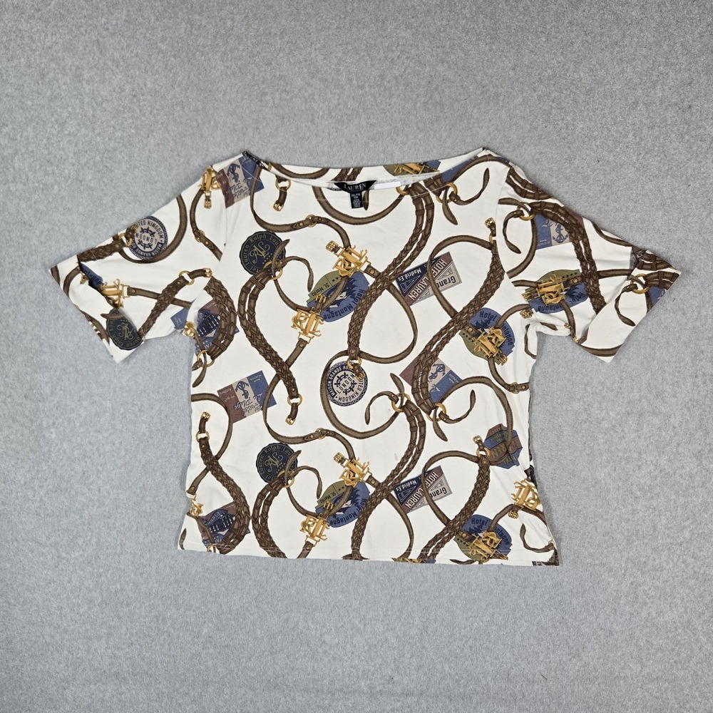 Lauren Ralph Lauren Women Shirt XXL White Graphic Boat Neck Pullover